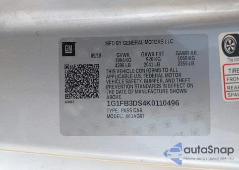 2019 Chevrolet Camaro 1Lt z USA, uszkodzony, nr VIN 1G1FB3DS4K0110496